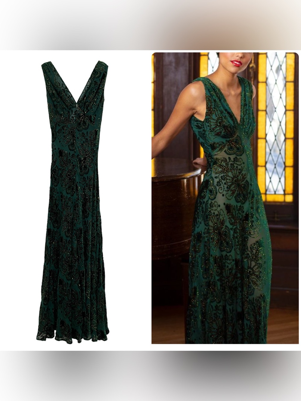 Trashy Diva Baroque Velvet Embellished V-Neck Evening Maxi Dress in Emerald XS